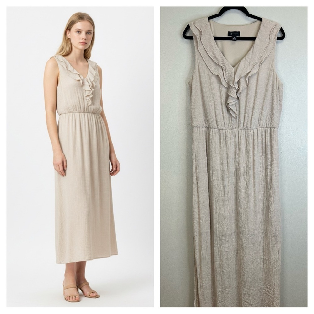 Minimalist Neutral Size XL Maxi Dress Sleeveless Crinkle Boho Cream Lagenlook